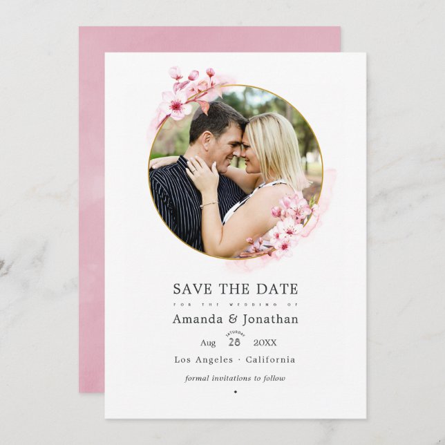 Save The Date Mariage de printemps de fleur de cerisier rose géo (Devant / Derrière)