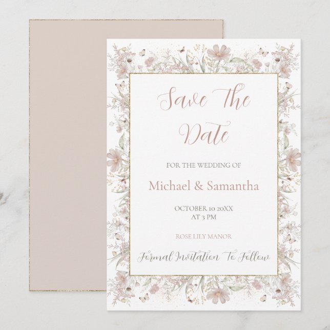 Save The Date Mariage de printemps de Fleur sauvage Blush et Sag (Devant / Derrière)