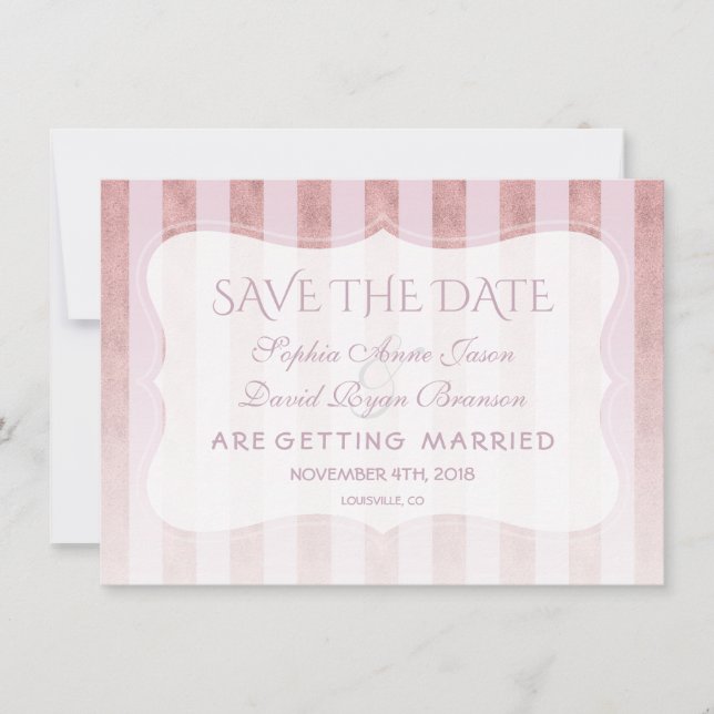 Save The Date Mariage de rayures d'or de Rose blanc (Devant)
