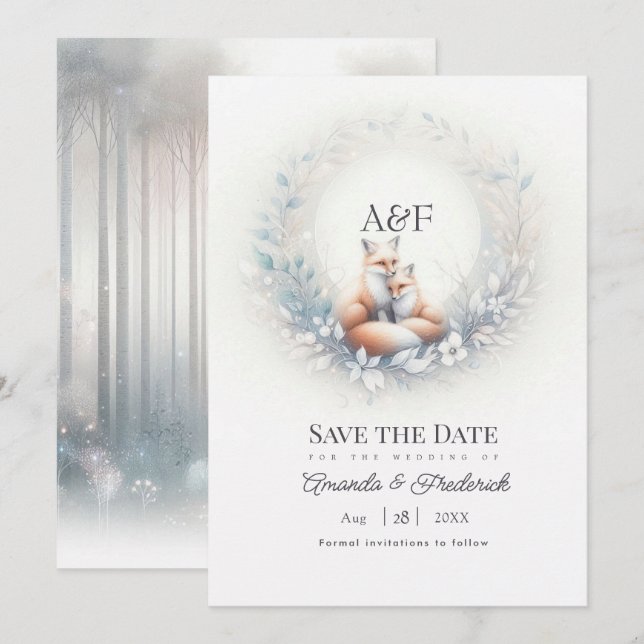Save The Date Mariage de Renard de la Forêt Enchantée Monogramme (Devant / Derrière)