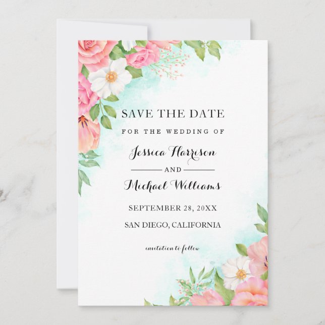 Save The Date Mariage de Rose de bouquet Floral Ombre Turquoise (Devant)