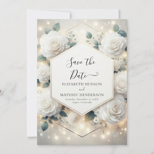 Save The Date Mariage de roses blanches à fleurs chics (Devant)