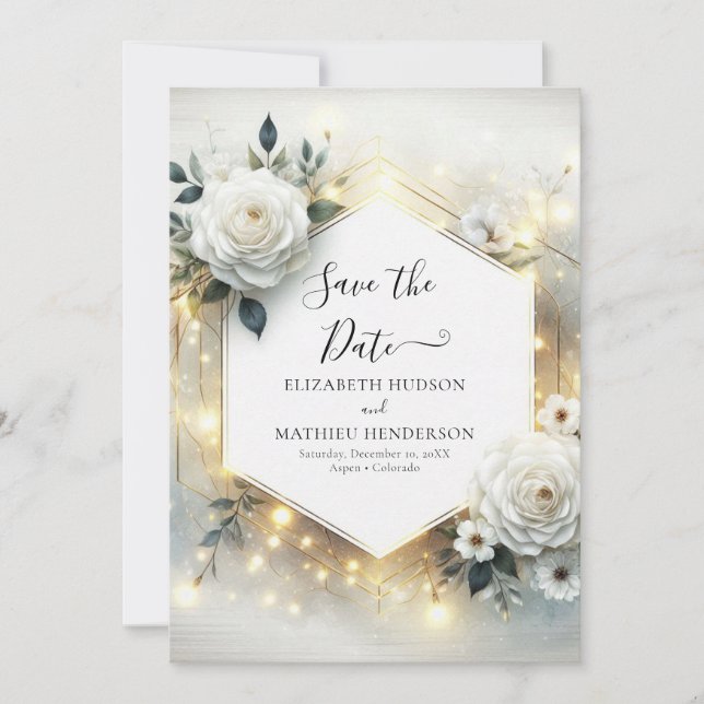 Save The Date Mariage de roses blanches à fleurs classiques (Devant)