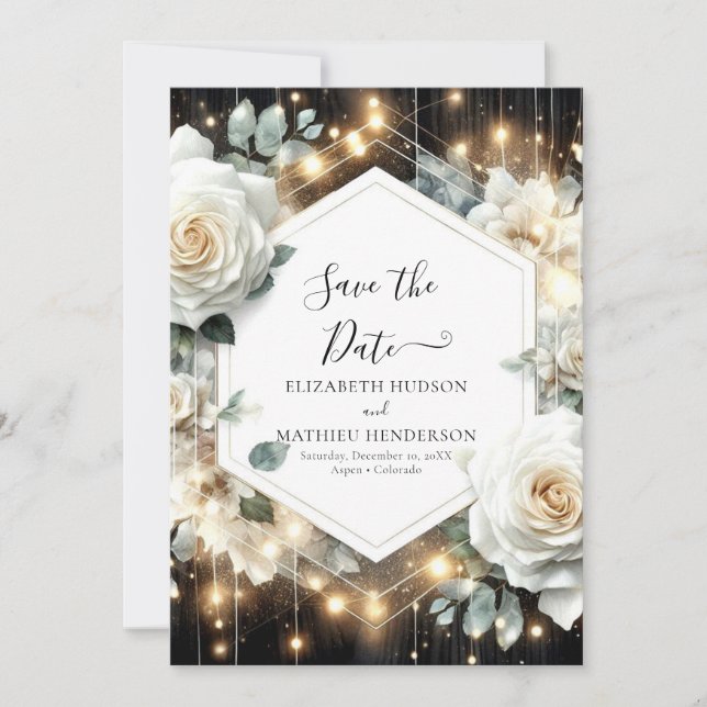 Save The Date Mariage de roses blanches à lumière minimale (Devant)