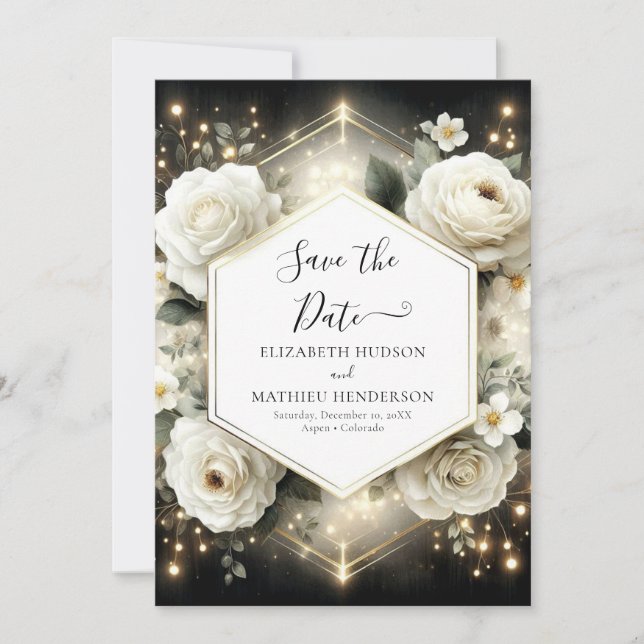 Save The Date Mariage de Roses Blanches Botaniques Modernes (Devant)