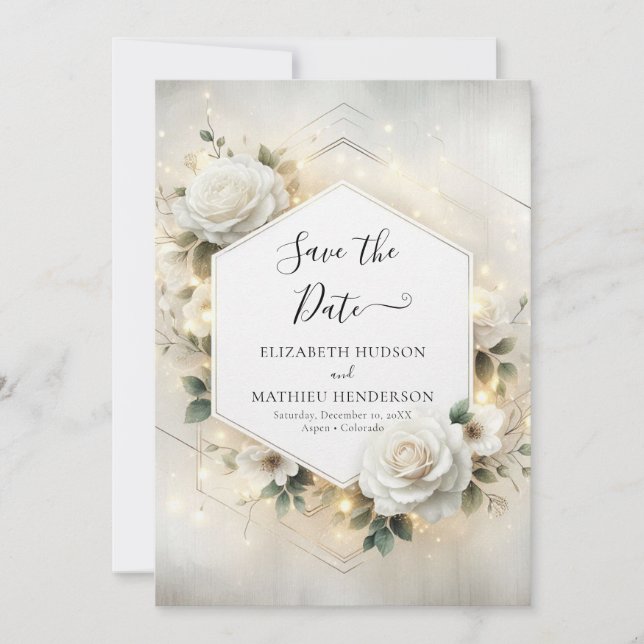 Save The Date Mariage de roses blanches imprimables modernes (Devant)