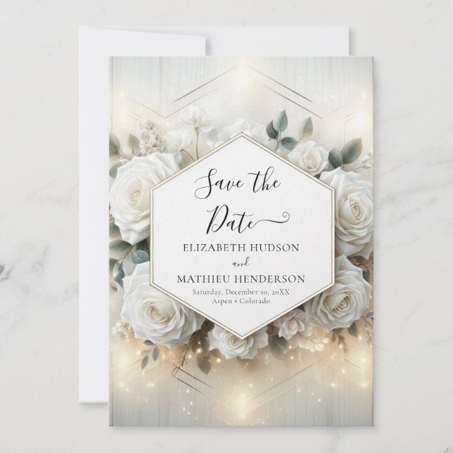 Save The Date Mariage de roses blanches modifiables au minimum (Devant)