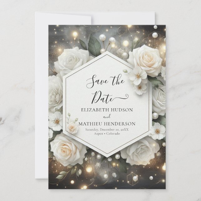 Save The Date Mariage de Roses blanches romantiques modernes (Devant)