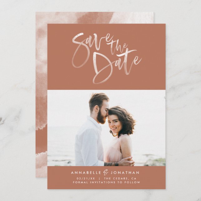 Save The Date Mariage de script d'aquarelle Terracotta (Devant / Derrière)