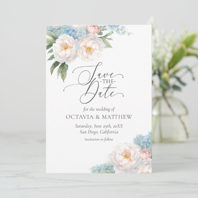 Save The Date Mariage de script de fleurs bleu et rose doux (Debout devant)