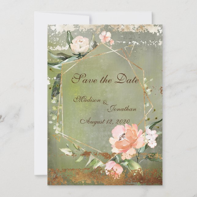 Save The Date Mariage de script d'or floral vert rustique (Devant)