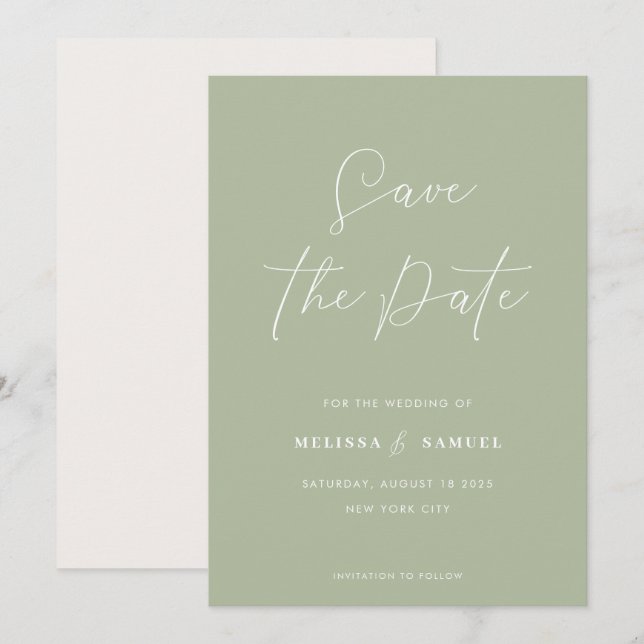 Save The Date Mariage de script manuscrit moderne Sage Green (Devant / Derrière)
