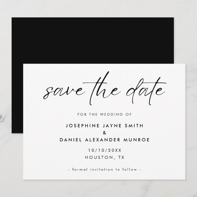 Save The Date Mariage de script minimal noir blanc élégant (Devant / Derrière)