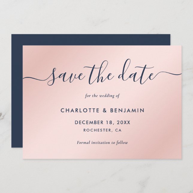 Save The Date Mariage de script moderne bleu et bleu marine (Devant / Derrière)