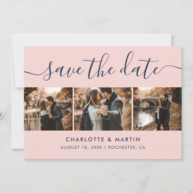 Save The Date Mariage de script moderne bleu et bleu marine phot (Devant)