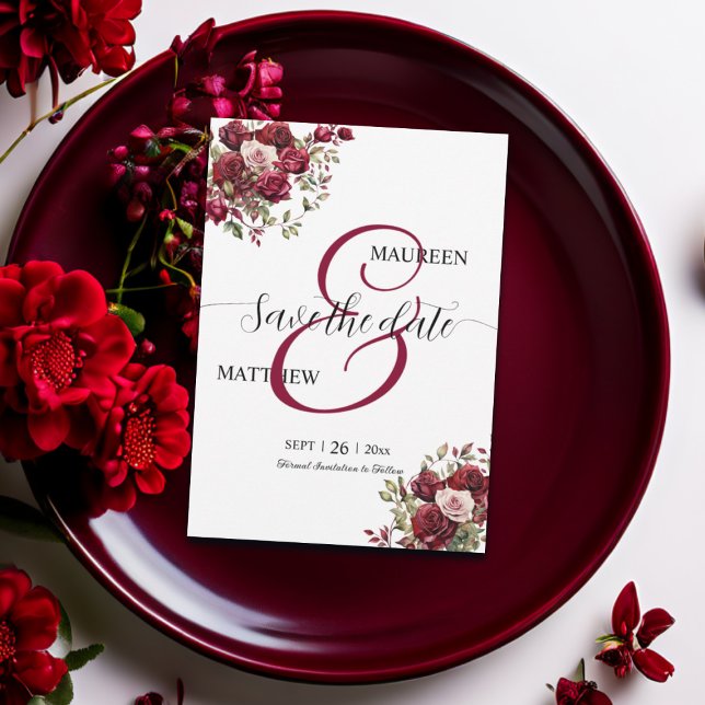Save The Date Mariage de script moderne floral de Bourgogne (Créateur téléchargé)