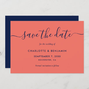 Save The Date Mariage de script moderne marine bleu et corail