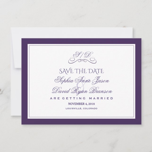 Save The Date Mariage de soirée à la frontière violet et blanc (Devant)