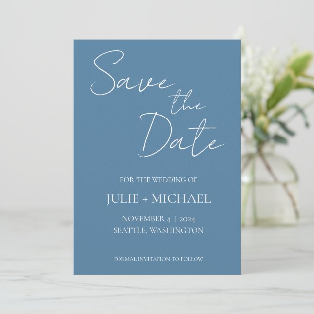 Save The Date Mariage de style simple bleu français monotone (Debout devant)