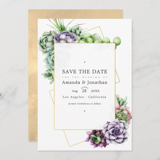 Save The Date Mariage de succulentes géométriques Photo (Devant / Derrière)