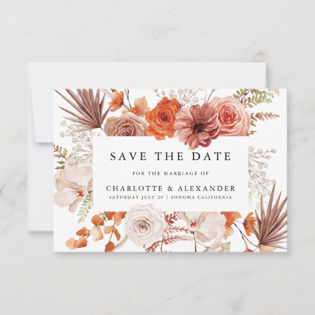 Save The Date Mariage de Terracotta Floral Palmetto Orange Rouil (Devant)