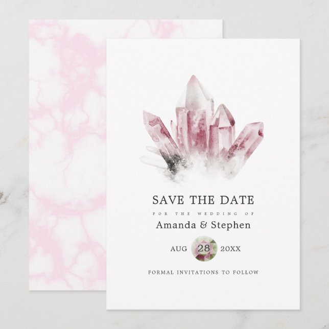 Save The Date Mariage de tourmaline rose et de marbre (Devant / Derrière)