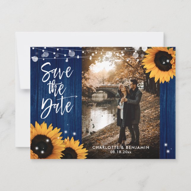 Save The Date Mariage de tournesol bleu de la marine rustique (Devant)