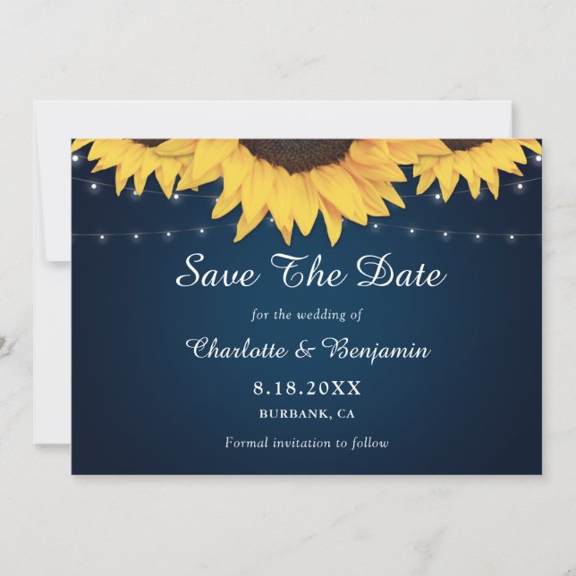 Save The Date Mariage de Tournesol Bleu de la Marine Rustique En (Devant)