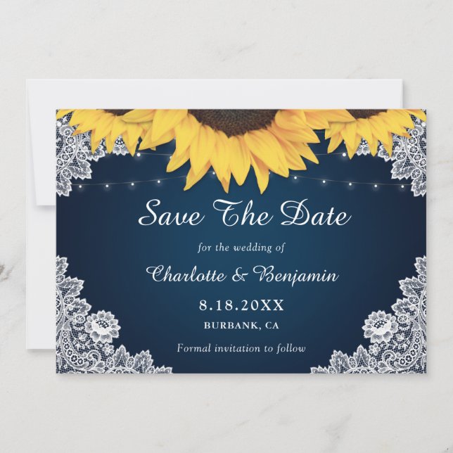Save The Date Mariage de Tournesol Bleu de la Marine Rustique En (Devant)