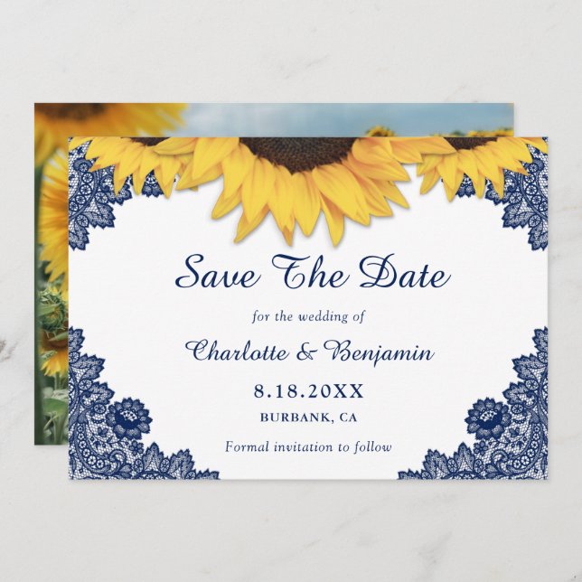 Save The Date Mariage de Tournesol Bleu Marine Photo Enregistrer (Devant / Derrière)