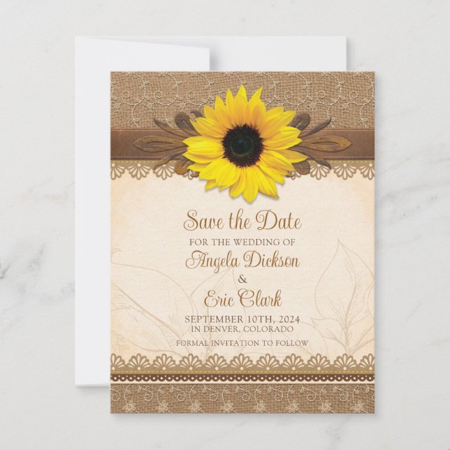Save The Date Mariage de tournesol en bois de dentelle de Burlap (Devant)