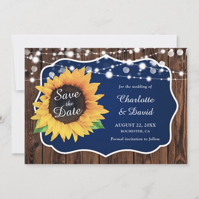 Save The Date Mariage de tournesol en bois rustique bleu marine (Devant)