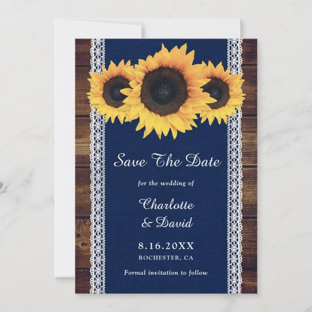 Save The Date Mariage de tournesol en bois rustique bleu marine (Devant)