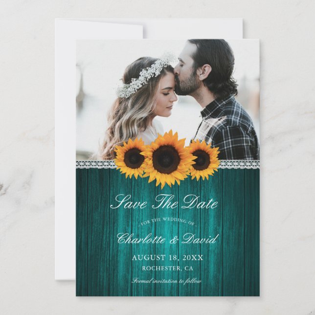Save The Date Mariage de tournesol en bois turquoise (Devant)