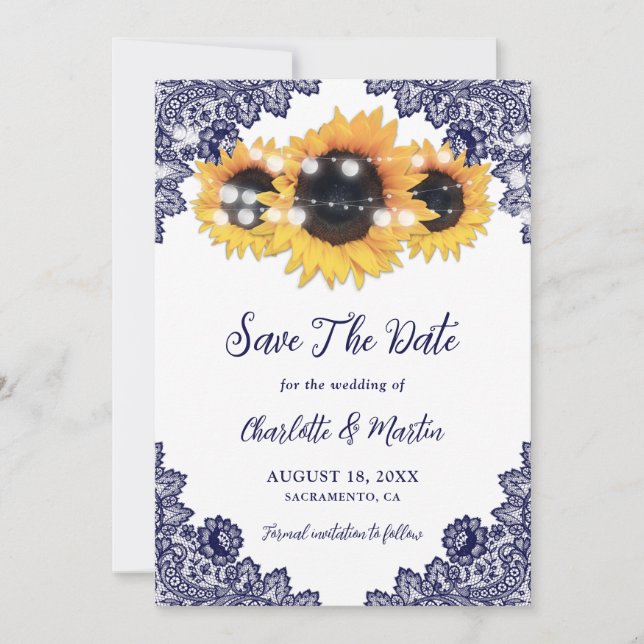 Save The Date Mariage de tournesol en dentelle bleu marine (Devant)