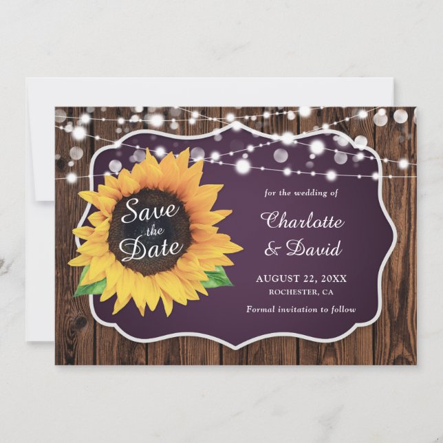 Save The Date Mariage de tournesol violet en bois rustique (Devant)