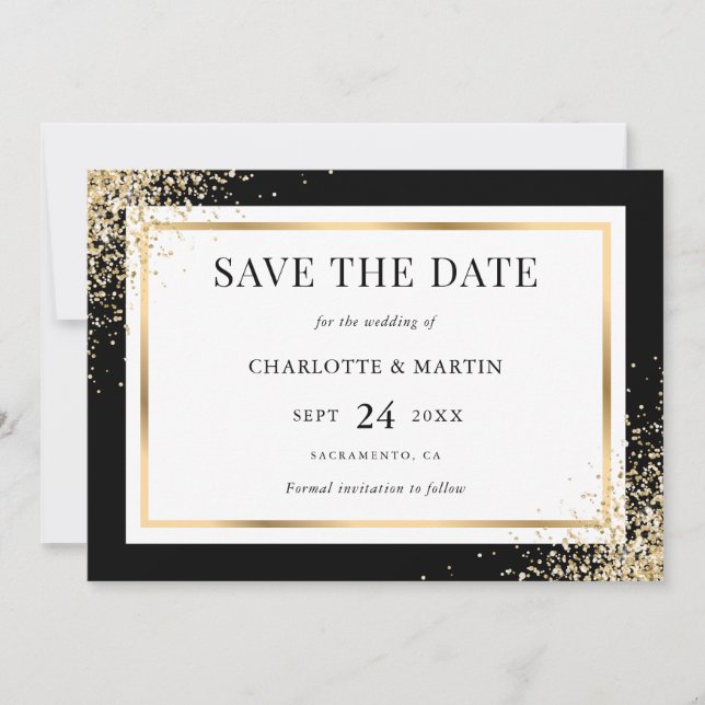Save The Date Mariage de trame de Confetti en or noir (Devant)