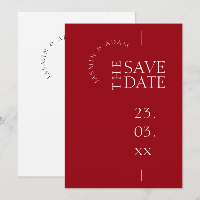 Save The Date Mariage de typographie moderne Crimson Rouge (Devant / Derrière)