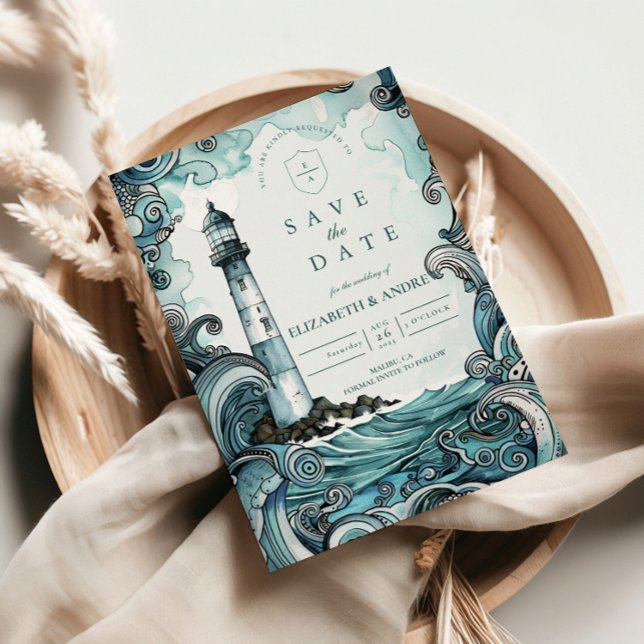 Save The Date Mariage de vague de phare côtier (Créateur téléchargé)