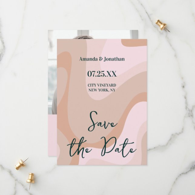 Save The Date Mariage de vague rose rétro (Devant/Arrière en situation)