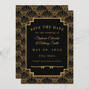 Save The Date Mariage de ventilateur Art déco noir et or
