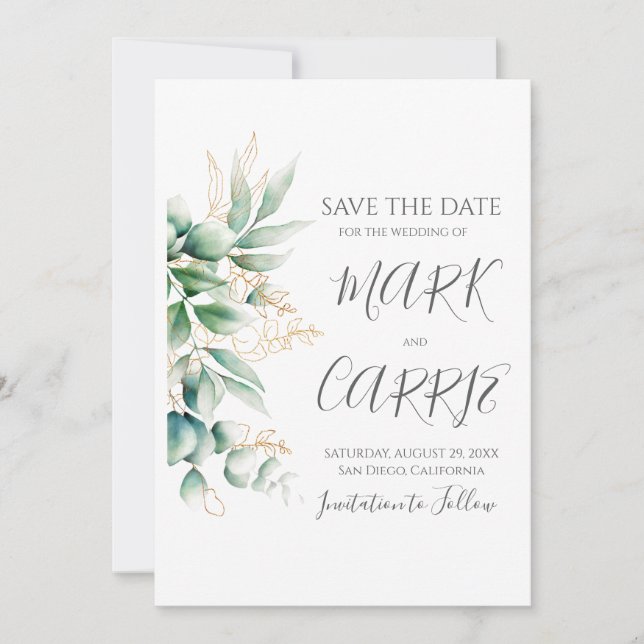 Save The Date Mariage de verdure rustique d'eucalyptus (Devant)