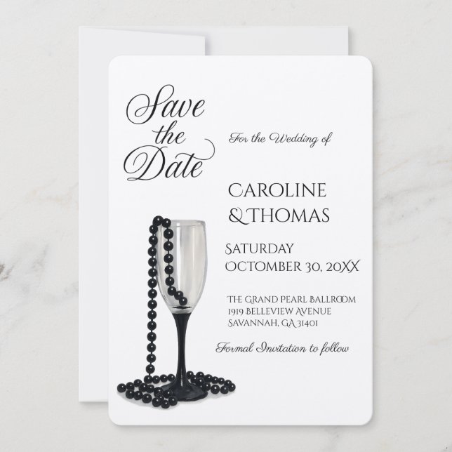 Save The Date Mariage de verre de champagne Black & White Pearl (Devant)