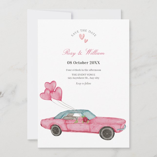 Save The Date Mariage de voiture rose aquarelle (Devant)