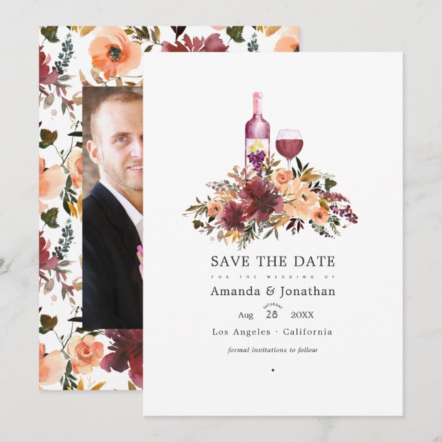 Save The Date Mariage dégustation de vin floral pêche Bordo (Devant / Derrière)