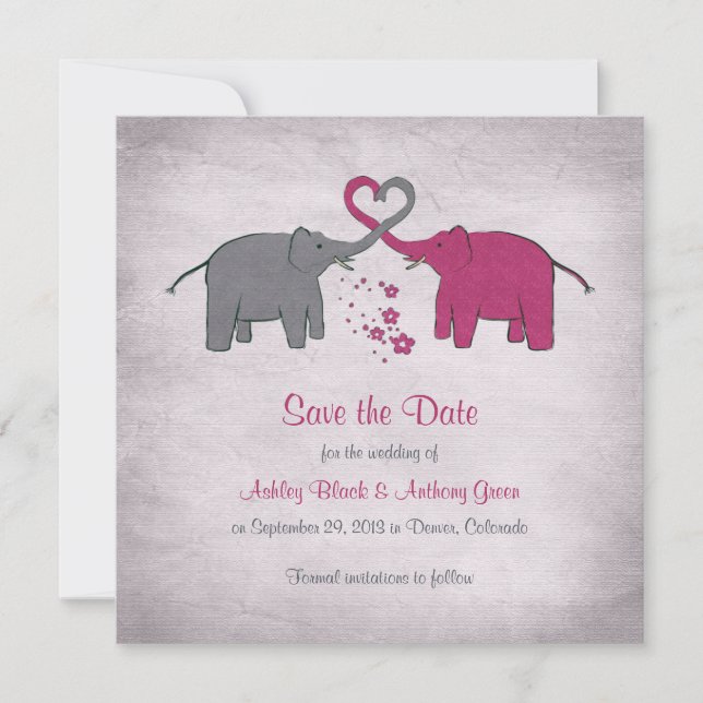 Save The Date Mariage d'éléphants rose et gris Enregistrer la da (Devant)