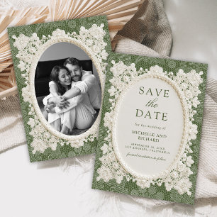 Save The Date Mariage dentelle de vieille fortune vert olive ivo