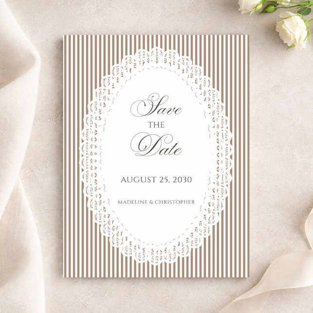 Save The Date Mariage dentelle rayée marron Mocha (Créateur téléchargé)