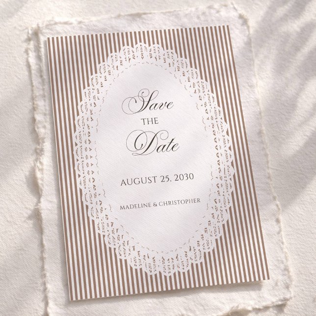 Save The Date Mariage dentelle rayure française marron moka (Créateur téléchargé)
