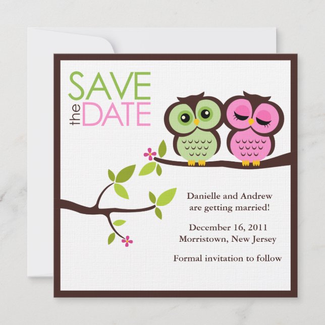 Save The Date Mariage des Hiboux Verts et Roses (Devant)